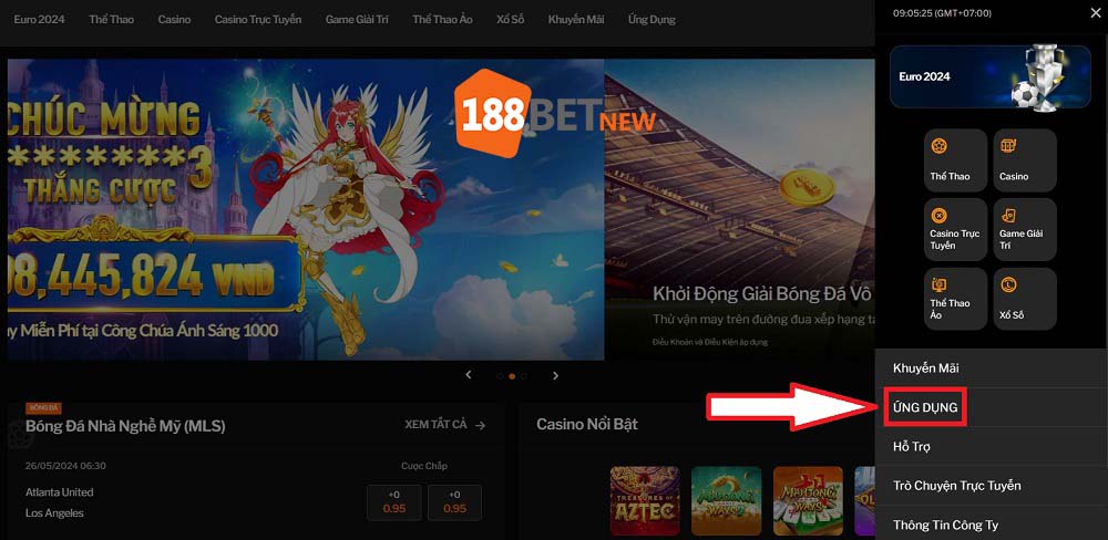 Nhấp vào nút "ỨNG DỤNG" hoặc "TẢI NGAY" ở góc trên màn hình 188Bet